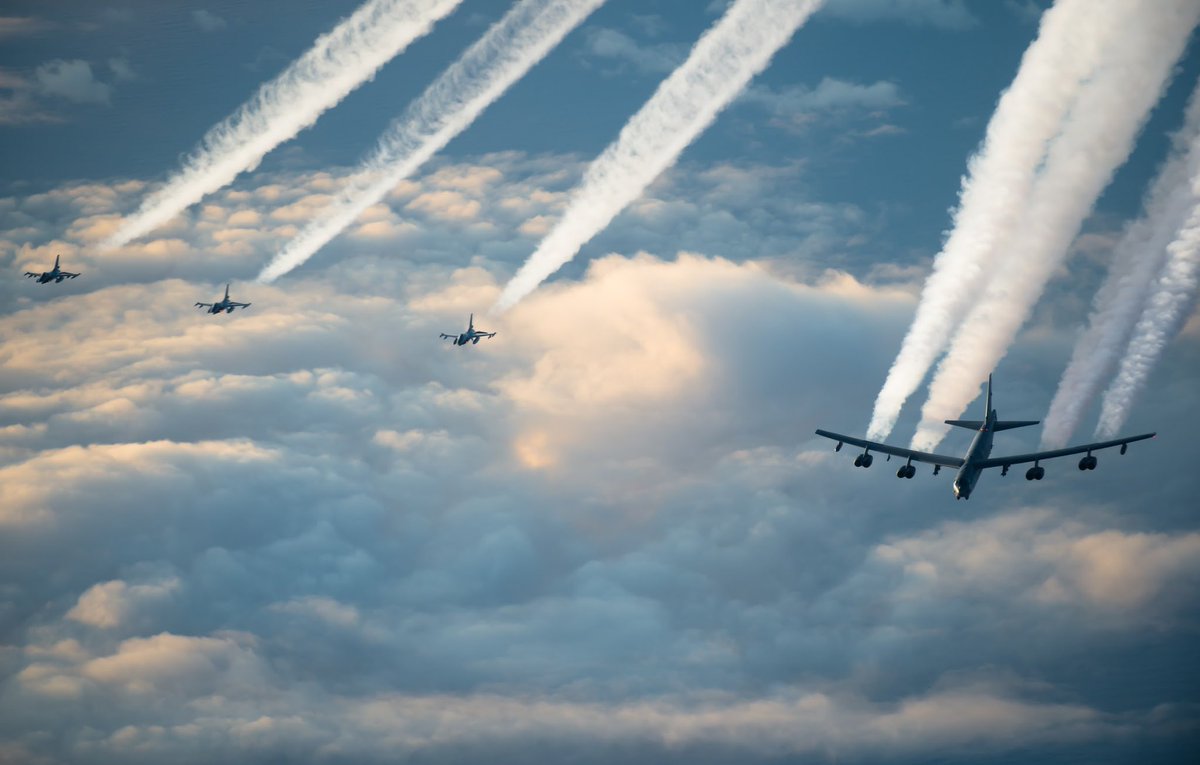 3 B-52s from #BomberTaskForceEurope integrated with Royal Norwegian Air Force F-16s over the Barents Sea region of the Arctic Circle, Nov. 6. The mission contributes to global stability & strengthening of the @NATO alliance.