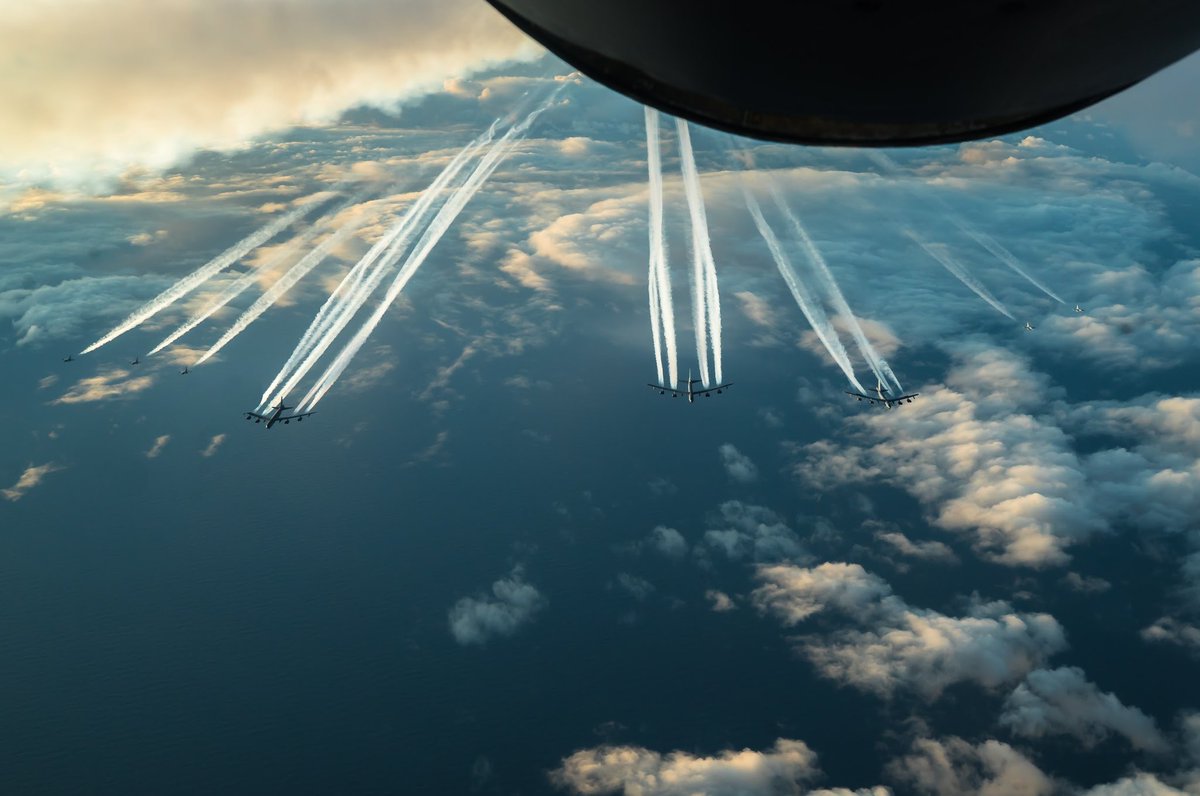 3 B-52s from #BomberTaskForceEurope integrated with Royal Norwegian Air Force F-16s over the Barents Sea region of the Arctic Circle, Nov. 6. The mission contributes to global stability & strengthening of the @NATO alliance.