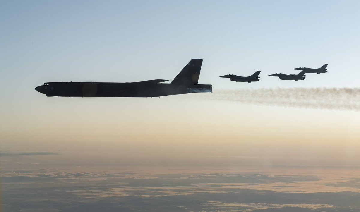 3 B-52s from #BomberTaskForceEurope integrated with Royal Norwegian Air Force F-16s over the Barents Sea region of the Arctic Circle, Nov. 6. The mission contributes to global stability & strengthening of the @NATO alliance.