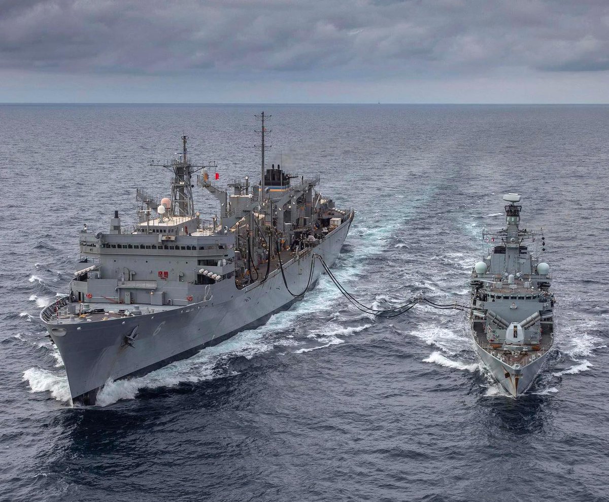 British frigate HMS KENT F78 refueling from USNS SUPPLY T-AOE6 on 3 May while carrying out exercises above the Arctic Circle with US forces including destroyer DONALD COOK DDG75. The springtime weather featured temps down to about -10C