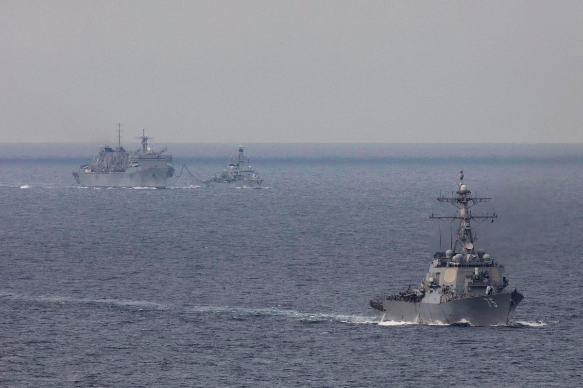 British frigate HMS KENT F78 refueling from USNS SUPPLY T-AOE6 on 3 May while carrying out exercises above the Arctic Circle with US forces including destroyer DONALD COOK DDG75. The springtime weather featured temps down to about -10C