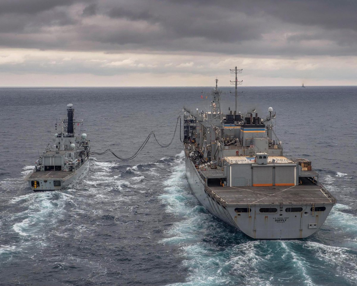 British frigate HMS KENT F78 refueling from USNS SUPPLY T-AOE6 on 3 May while carrying out exercises above the Arctic Circle with US forces including destroyer DONALD COOK DDG75. The springtime weather featured temps down to about -10C