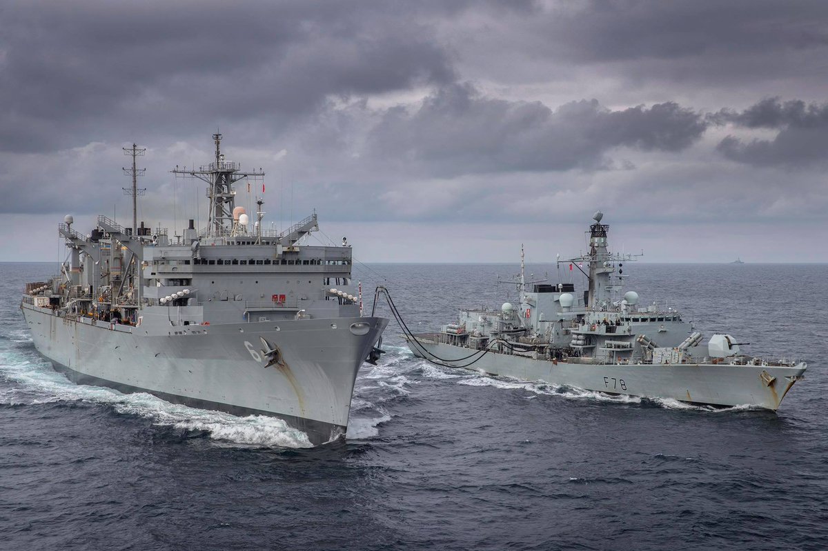 British frigate HMS KENT F78 refueling from USNS SUPPLY T-AOE6 on 3 May while carrying out exercises above the Arctic Circle with US forces including destroyer DONALD COOK DDG75. The springtime weather featured temps down to about -10C