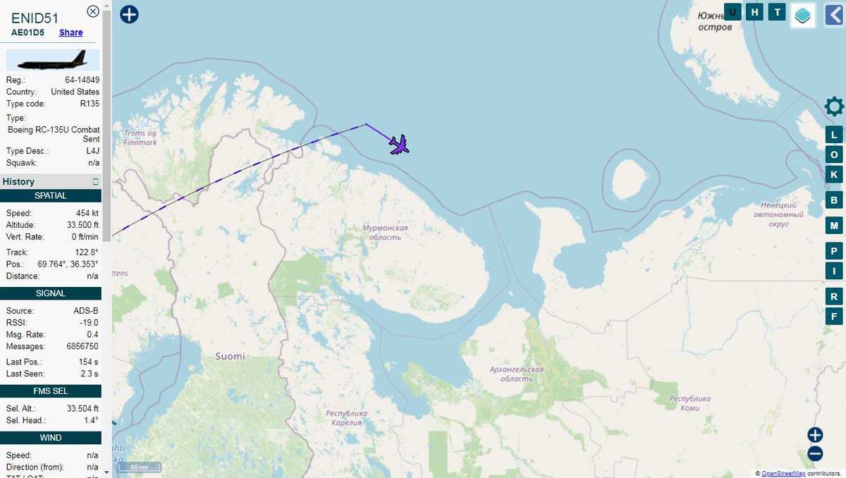 USAF RC-135U Combat Sent ENID51 tracking off the coast of Murmansk Russia