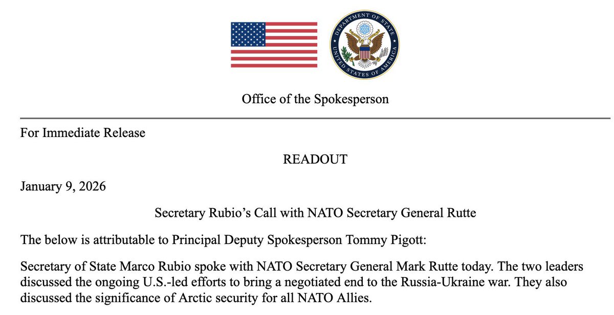 Sekretarz stanu USA Marco Rubio rozmawiał dziś z sekretarzem generalnym NATO Markiem Rutte, aby omówić trwające wysiłki na rzecz zakończenia rosyjskiej inwazji na Ukrainę, a także znaczenie bezpieczeństwa Arktyki dla wszystkich członków NATO