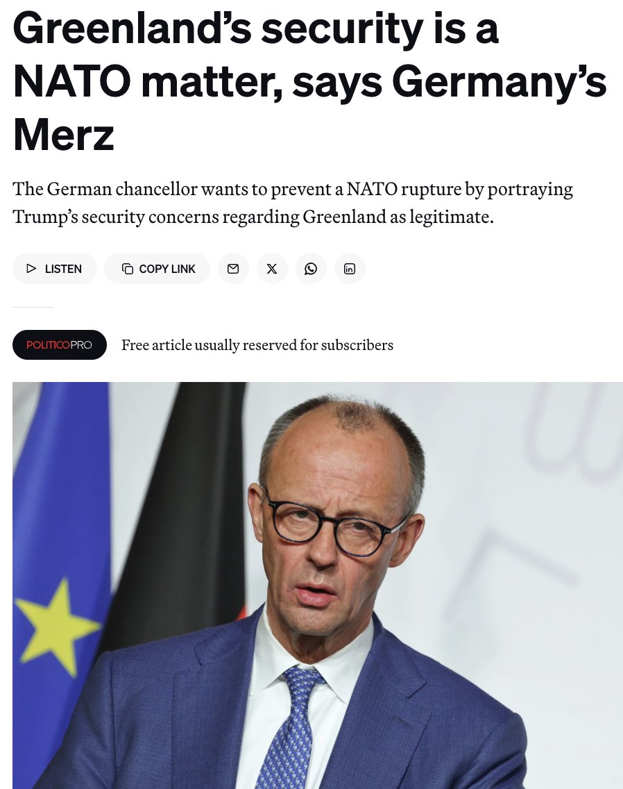 Der deutsche Außenminister Merz erklärte, er teile Trumps Sicherheitsbedenken hinsichtlich Grönlands und wünsche sich eine NATO-basierte Lösung statt Konfrontation. „Wir teilen die amerikanischen Bedenken, dass dieser Teil Dänemarks besser geschützt werden muss. Ich hoffe, dass wir innerhalb der NATO eine für beide Seiten akzeptable Lösung finden werden.