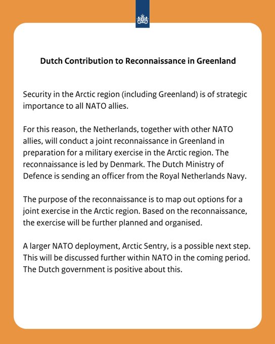 The Netherlands will contribute to the joint reconnaissance in Greenland in preparation for a military exercise in the Arctic region