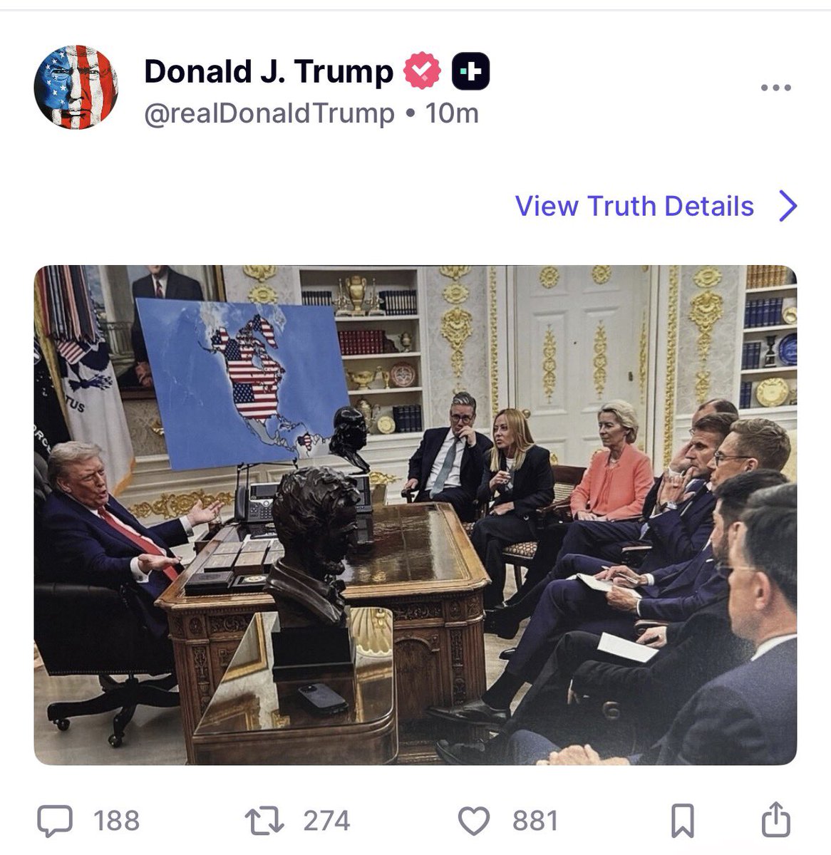 Trump veröffentlicht ein Bild, das Kanada und Grönland als Teil der Vereinigten Staaten darstellt.