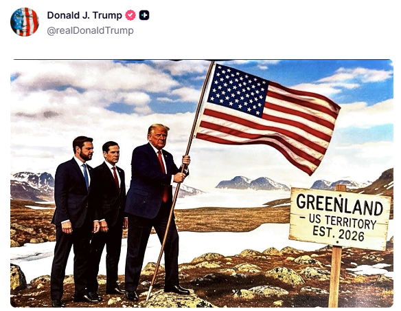 Trump postet erneut über Grönland: Er zeigt ein Bild, auf dem er die US-Flagge über der Insel hisst.