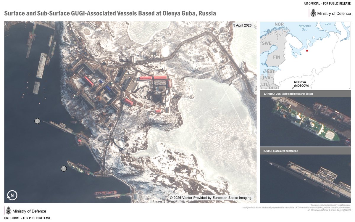 British Ministry of Defence has released satellite images of the GUGI base the UK believes Russia deployed a series of submarines to covertly spy on Britain’s undersea cable network. It has also released an image of the alleged spy ship the Yantar, alongside at one of those docks. This vessel is thought to have tried to pinpoint and threaten undersea cables in around the UK in recent months